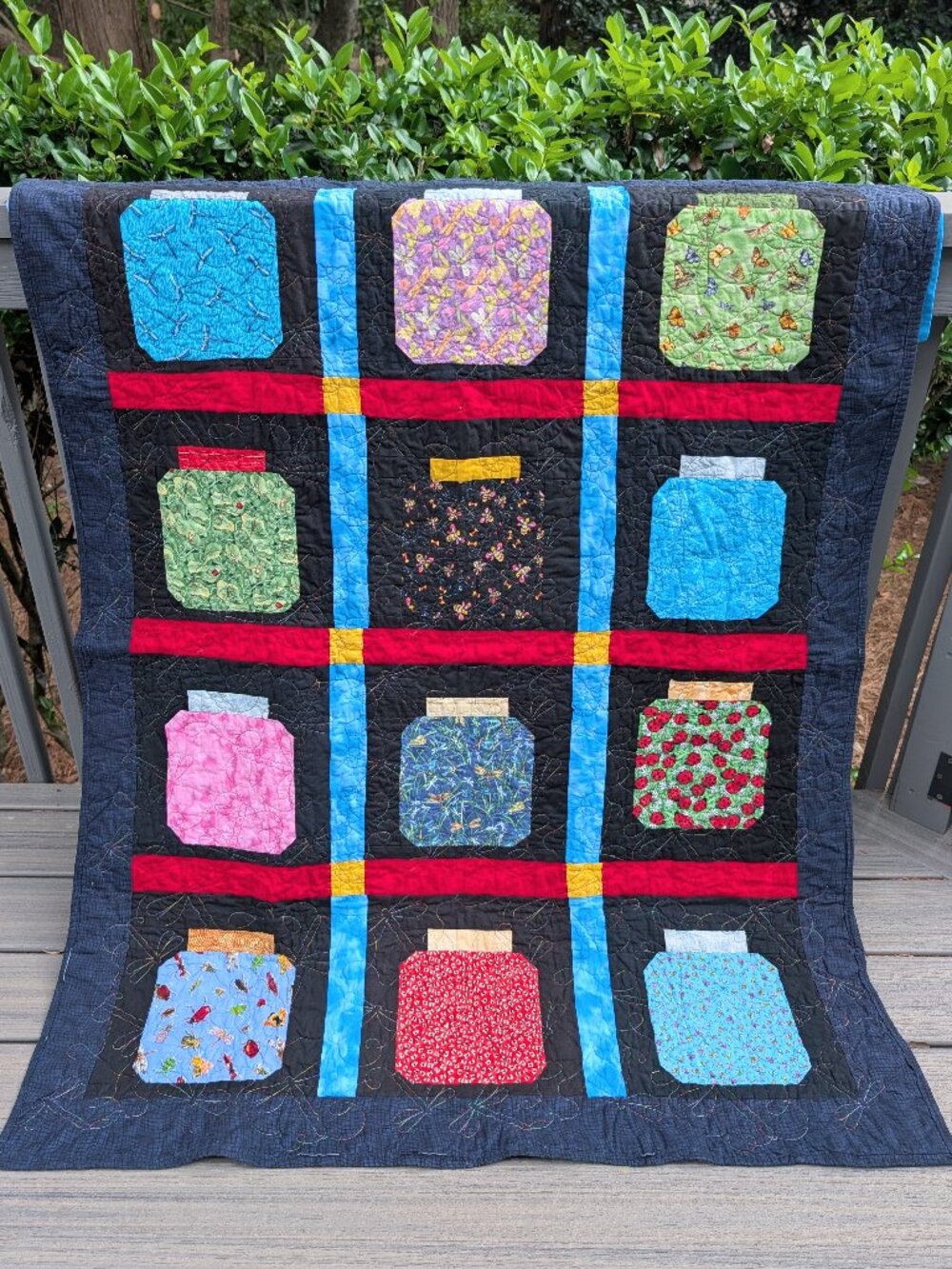Bug Collection in Jars Quilt Black & Vibrant Colors 56 x 44"